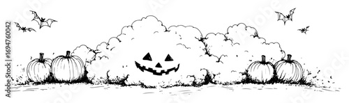halloween jack o lantern scene with bats hand drawn vector sketch illustration