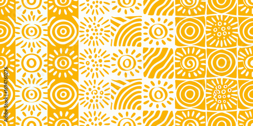 A cheerful and vibrant seamless pattern featuring stylized sun motifs and wavy lines in bright yellow and white