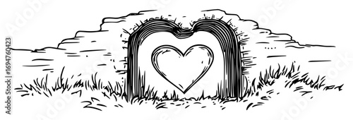 heart shaped doorway in hedge black and white vector illustration