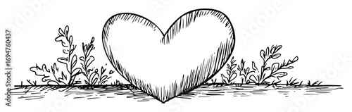 large heart in garden foliage black and white vector illustration