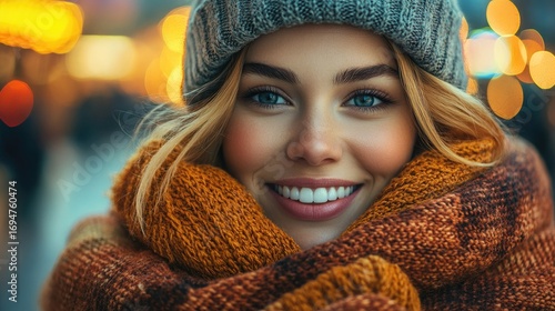 Woman smiling warmly in winter city