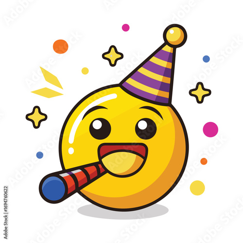 Happy yellow emoji wearing a purple and yellow striped party hat and blowing a party horn, isolated on white background