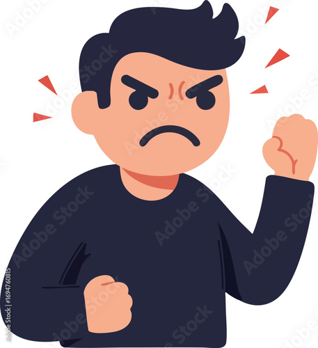 Cartoon man with angry expression, clenched fists on white background