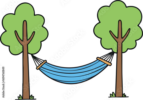 Cartoon illustration of hammock hanging between trees, summer leisure