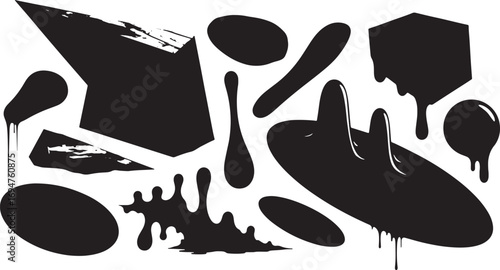 Creative set of black abstract silhouettes, featuring liquid ink blobs, paint drips, and grunge design elements