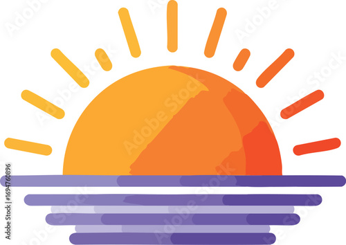 Sunrise over ocean water vector graphic illustration with sun rays