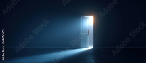 Dimly lit room with a bright open door emitting a strong glow into a dark space creating a mysterious and inviting atmosphere