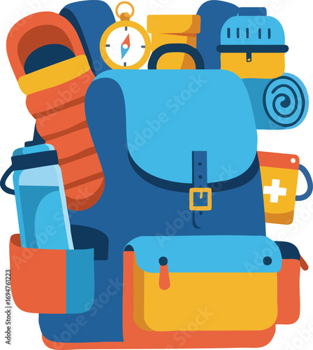 Packed backpack with travel essentials for camping adventure concept