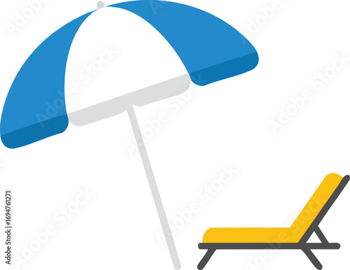 Beach scene with umbrella and lounge chair on a white background.