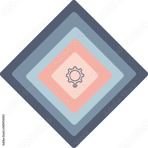 Abstract gear icon in center of diamond shaped background layers.