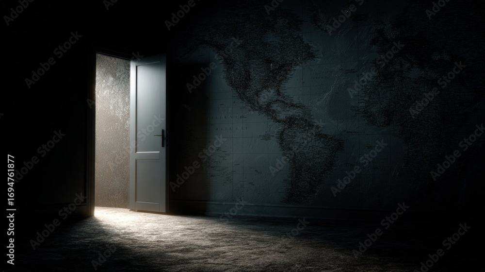 Fototapeta premium Mysterious dark room with open door revealing bright light illuminating textured wall and shadowed floor creating intrigue and contrast