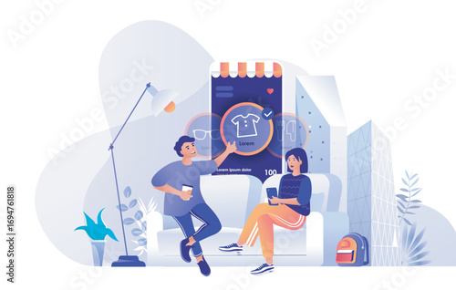 Online shopping concept for modern web design. People doing purchases in mobile app, woman and man ordering new clothes, paying in application. Flat vector illustration isolated on white background.