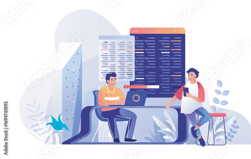 Programming software concept for modern web design. People writing, testing and making optimization code at screens for different programs. Flat vector illustration isolated on white background.
