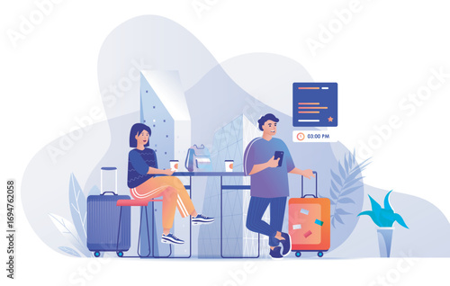 Travel to vacation concept for modern web design. People with baggage preparing to trip tour, couple with suitcases and tickets going to resort. Flat vector illustration isolated on white background.