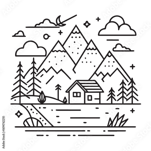 Minimalist line art illustration of a cozy cabin nestled in a mountain landscape with trees and a lake under a cloudy sky with a crescent moon
