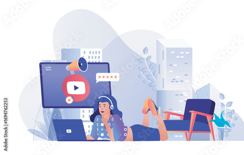 Video marketing concept for modern web design. People making online advertising campaign, woman creating video content for attracting followers. Flat vector illustration isolated on white background.