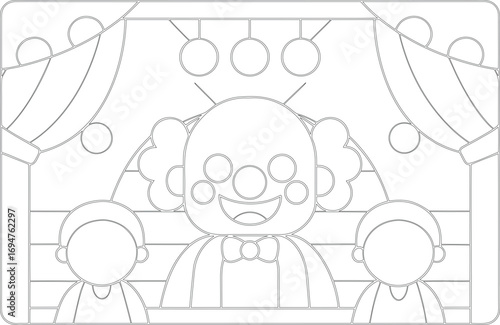 Cartoon clown with a bowtie presents a theatrical show with two assistants onstage