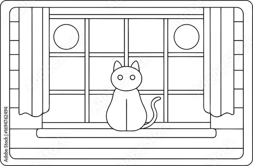 Cute cartoon cat sits on the window sill looking towards the viewer