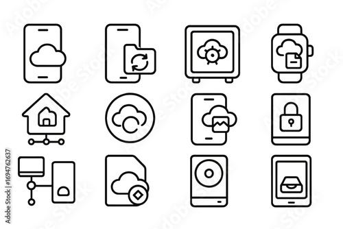 Cloud computing outline icon set. network, technology, data transfer icons collection