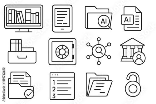 Office management icon set in outline style. organization, files, documents.