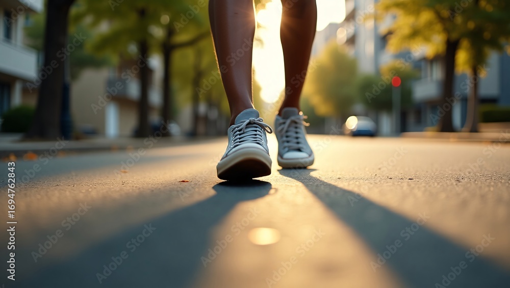 Fototapeta premium A person in sneakers walks on a sunlit street.