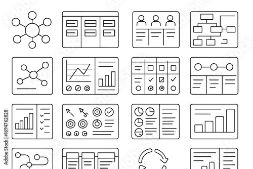 Data analysis line icon set: charts, graphs, and diagrams in linear style