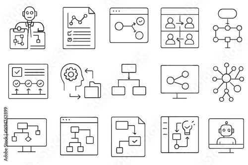 Business, workflow outline icon set. strategy, planning, management icons outline collection