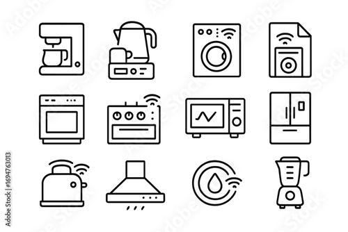 Smart home appliances outline icon set. kitchen, household, iot essential line icons