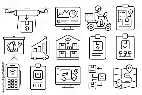 Delivery and logistics outline icon set. track, manage shipping in style