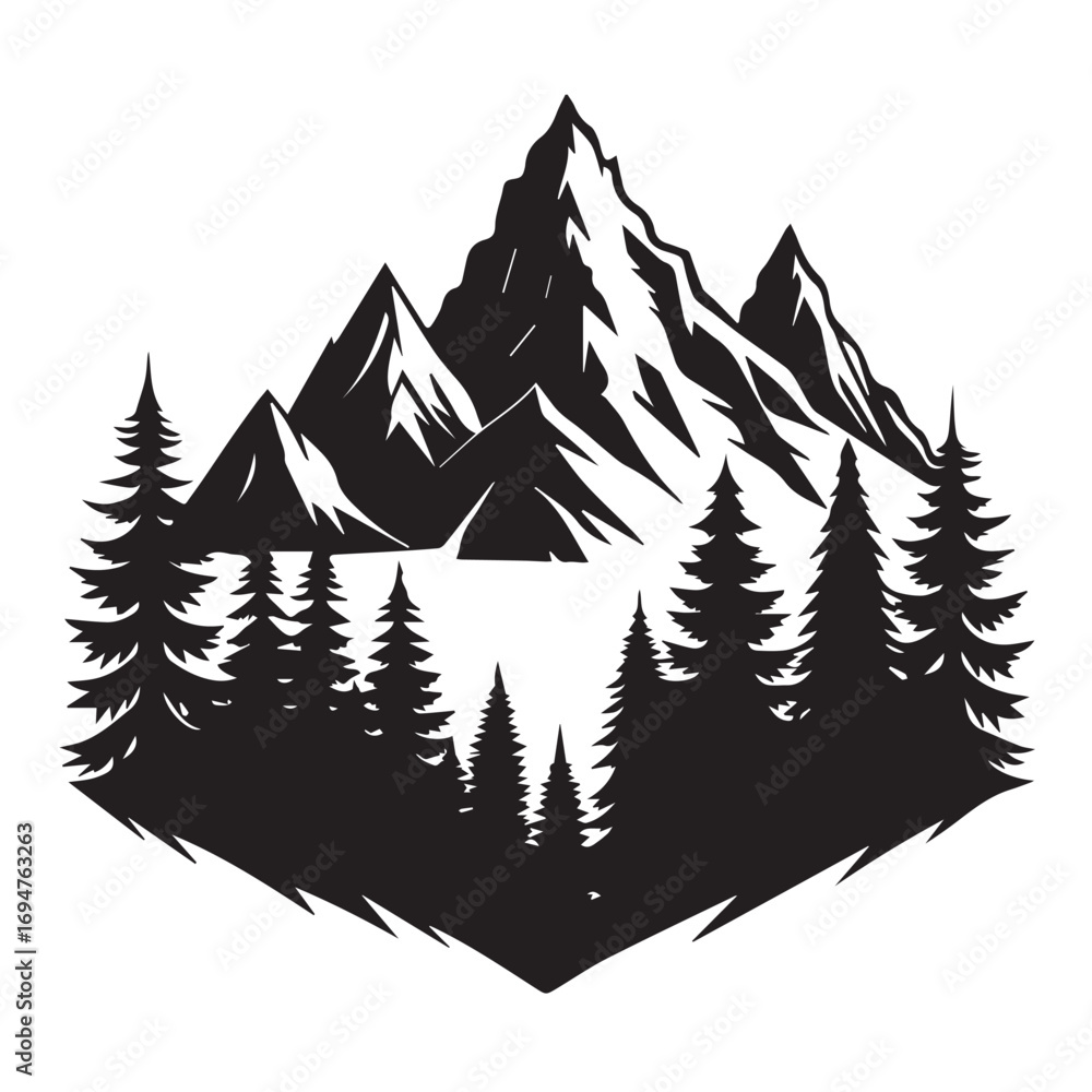 Obraz premium Silhouette of majestic mountains and pine trees in a geometric shape, evoking adventure and nature