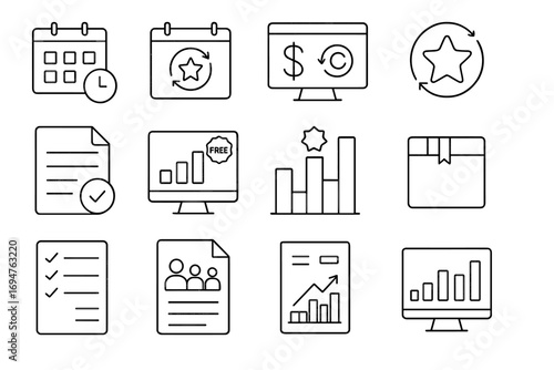 Business and finance outline icon set. analytics, performance outline collection