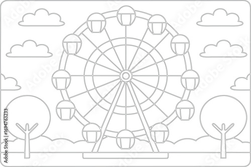 Outline of a Ferris wheel set against a whimsical background with clouds and trees