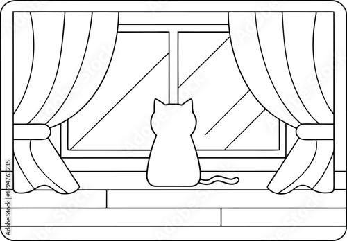 Outlined cat figure sits on a windowsill looking out the window with curtains