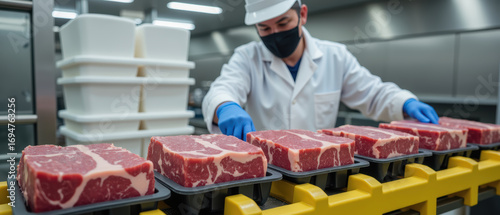 Fresh meat preparation in modern facility, showcasing worker in protective gear handling beef cuts with precision and care