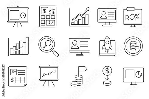 Business and finance line icon set. charts, graphs, and strategy icons collection