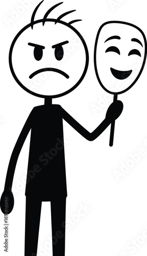 Person hiding true emotions behind a smiling mask, feeling frustrated