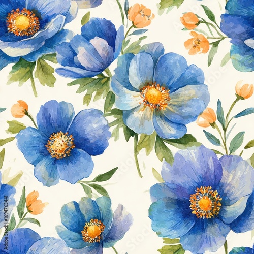 Elegant Seamless Watercolor Flower Pattern Featuring Blue And Orange Floral Elements