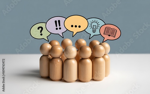 Conceptual representation of a team's collaborative process using wooden figures. Colorful speech bubbles symbolize brainstorming, asking questions, finding solutions, and sharing knowledge