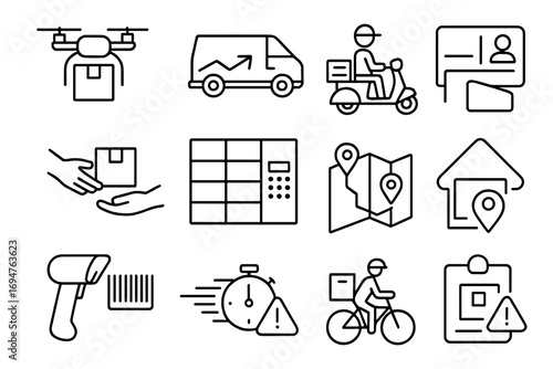 Delivery and logistics outline icon set. courier, shipping, and transportation icons