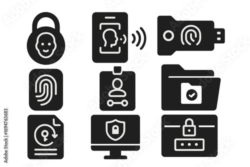 Security and privacy silhouette icon set. data protection essentials collection