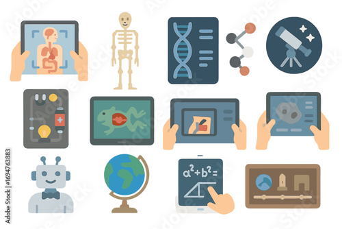 Science and education flat icon set. biology, astronomy, chemistry icon collection