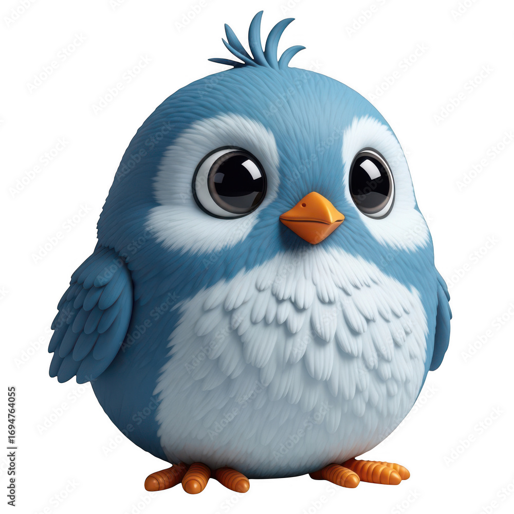 Fototapeta premium Cute fluffy blue bird with big eyes isolated on transparent background