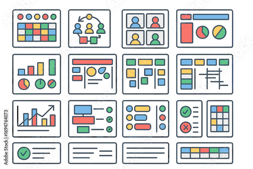 Business and communication outline icon set. charts, meetings, graphs, analytics icons