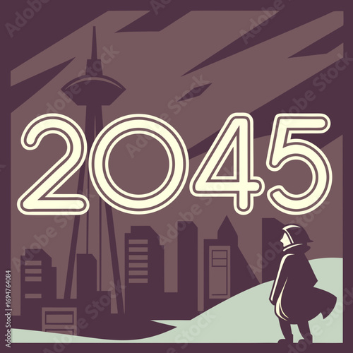 A lone figure in a trench coat gazes at a futuristic cityscape with the year 2045 prominently displayed