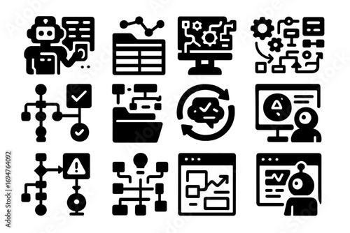 Technology and workflow solid icon set: automation, machine learning, ai interfaces
