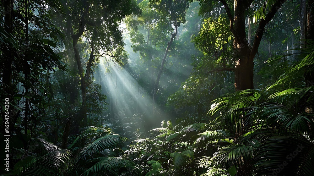 Obraz premium Rays of sunlight piercing through the trees in a lush green forest