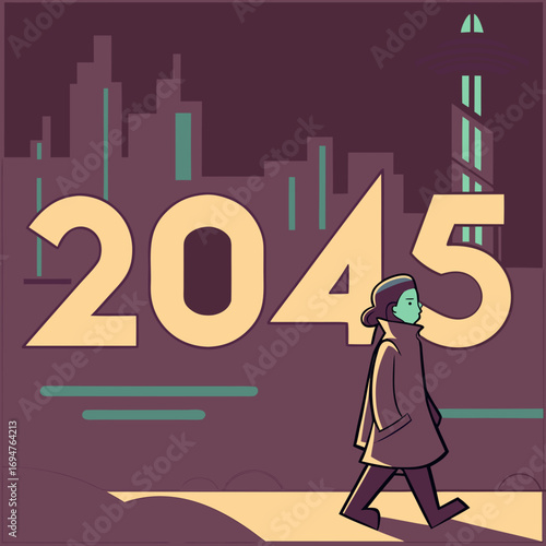 A lone figure walks through a stylized cityscape with the year 2045 prominently displayed