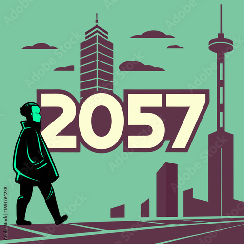 A lone figure walks through a stylized futuristic city skyline with the year 2057 prominently displayed