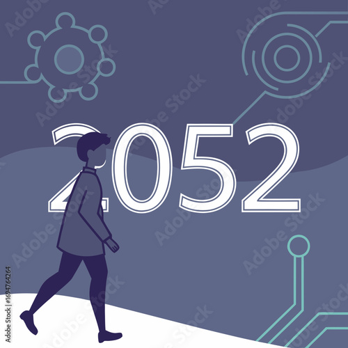 A lone figure walks towards the year 2052 with futuristic digital technology symbols in the background