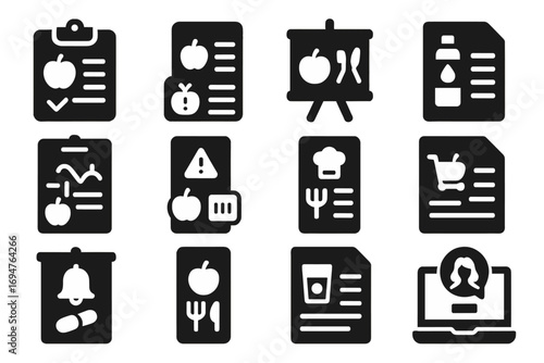 Diet and nutrition solid icon set. health, food, wellness icons collection